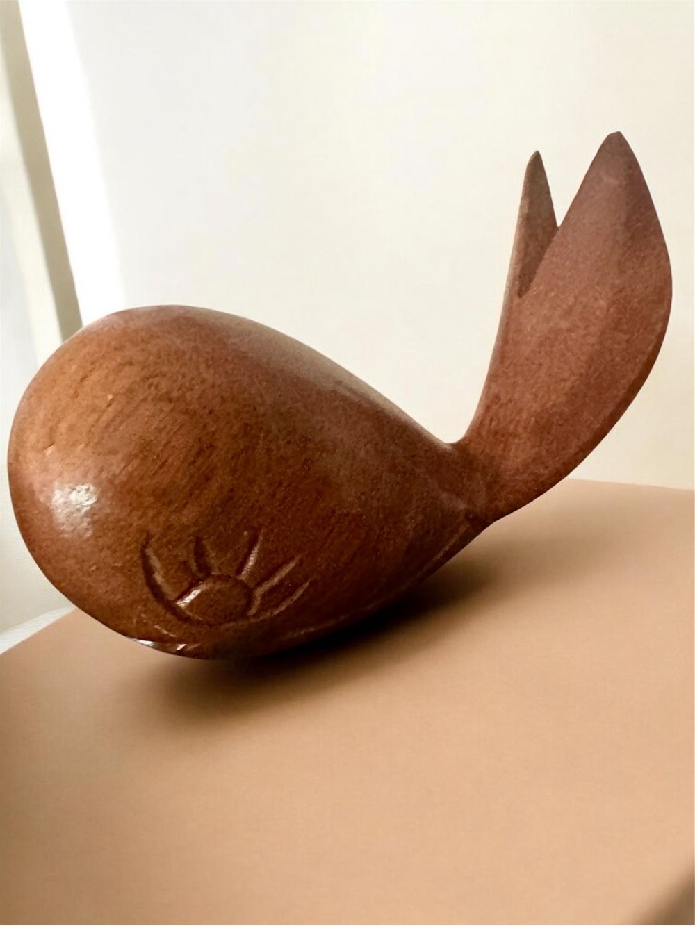 Handcrafted Vintage Brown Wooden Whale Figurine - Decorative Home Accent
